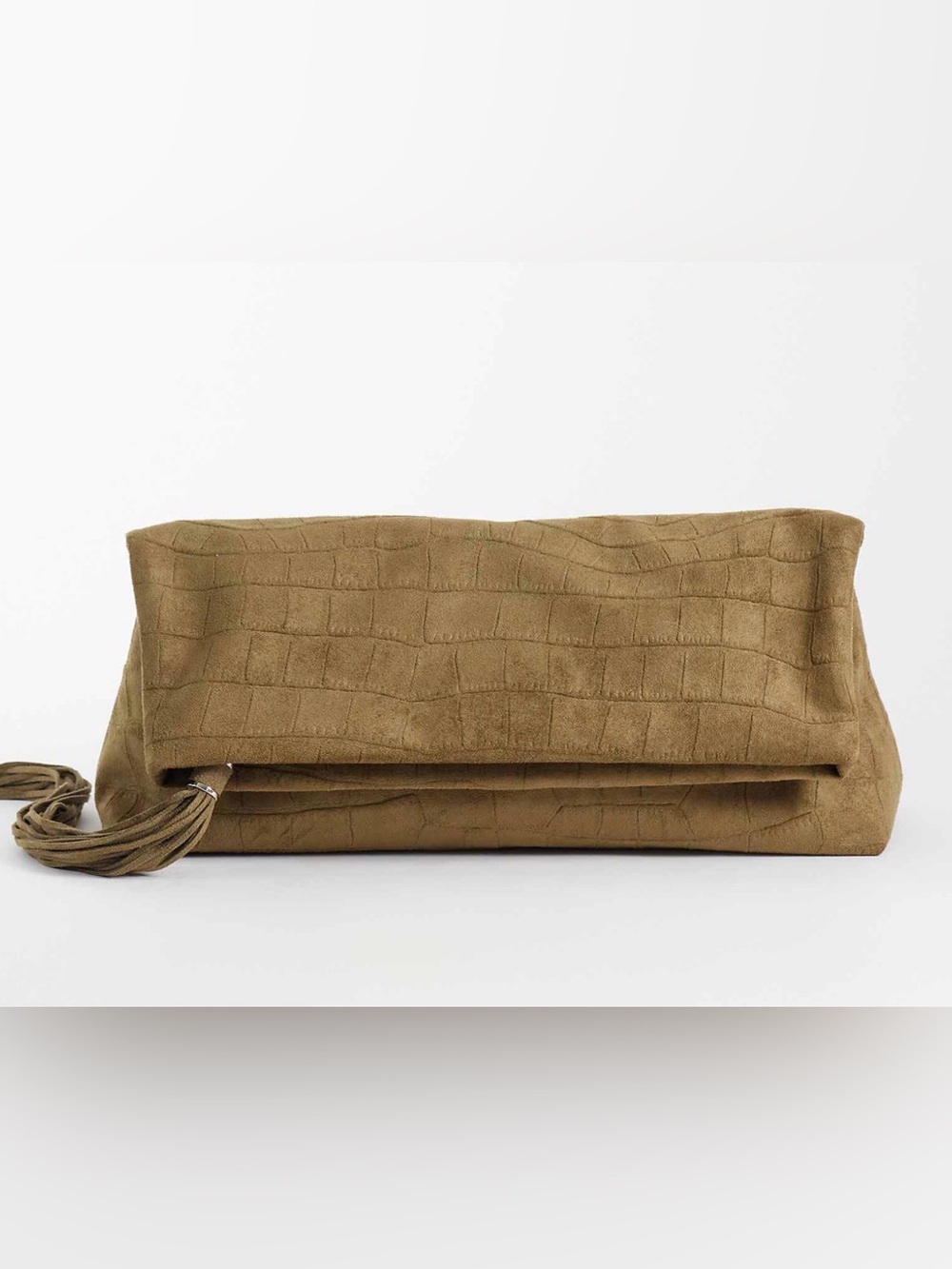 ASOS Design faux suede croc flap clutch bag in khaki